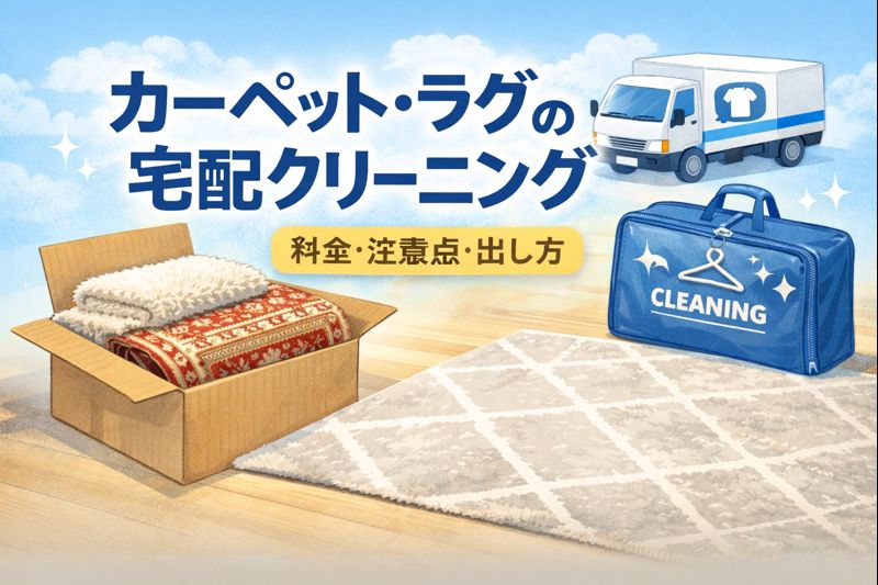カーペットやラグを宅配クリーニングに出す際の料金目安や注意点、出し方を解説しているイメージ