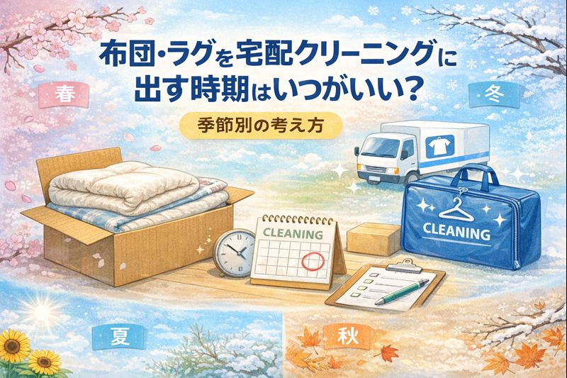 布団やラグを宅配クリーニングに出す最適な時期を、季節ごとの考え方で解説しているイメージ