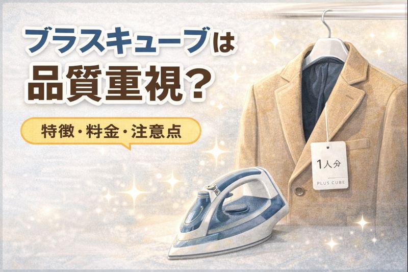 プラスキューブ（PLUS CUBE）の宅配クリーニングは品質重視かを解説するアイキャッチ画像。個別洗いと丁寧な仕上げをイメージしたジャケットとアイロンのビジュアル