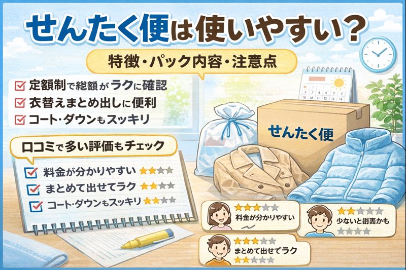 せんたく便の宅配クリーニングの特徴とパック制の仕組みを解説したアイキャッチ画像