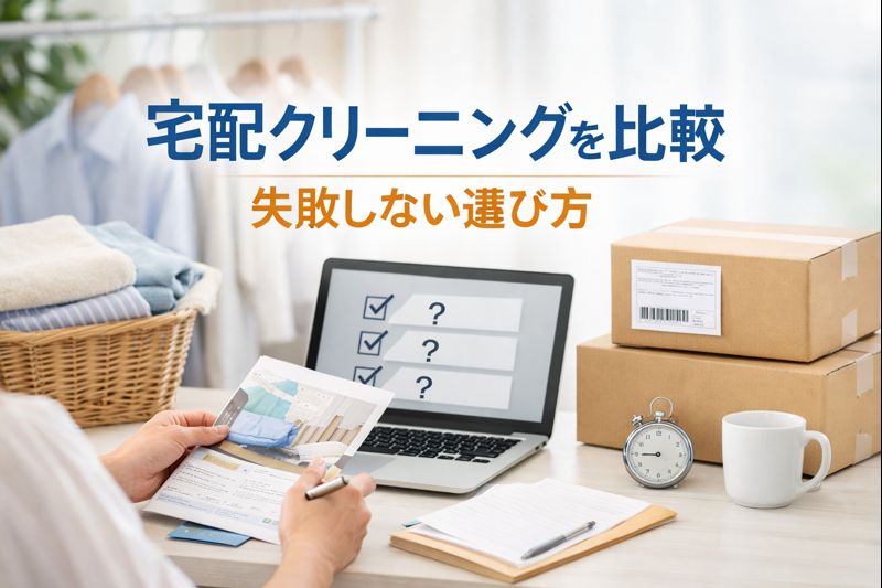 宅配クリーニングを比較検討している生活シーン。洗濯物と段ボール箱、パソコンを使ってサービスを選んでいる様子