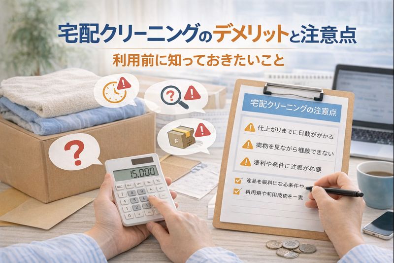 宅配クリーニングのデメリットや注意点を確認している生活シーン。洗濯物の箱とチェックリストを前に、仕上がり日数や条件を検討している様子