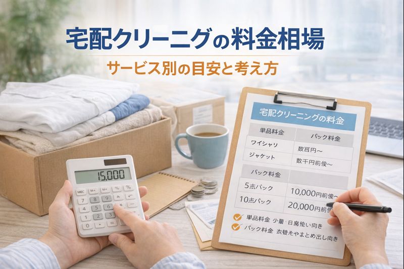 宅配クリーニングの料金相場を調べている生活シーン。洗濯物とメモ帳を前に、サービスごとの費用を比較している様子