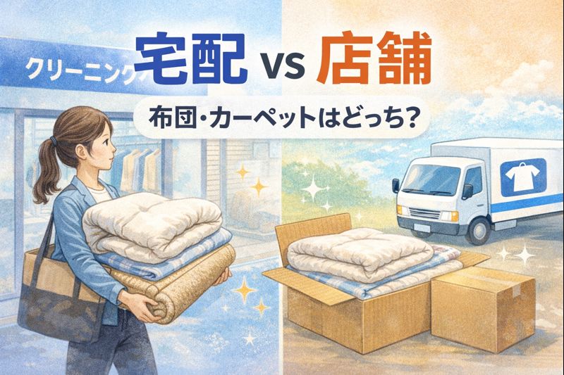 布団やカーペットを宅配クリーニングと店舗クリーニングで比較し、向いている人の違いを解説しているイメージ